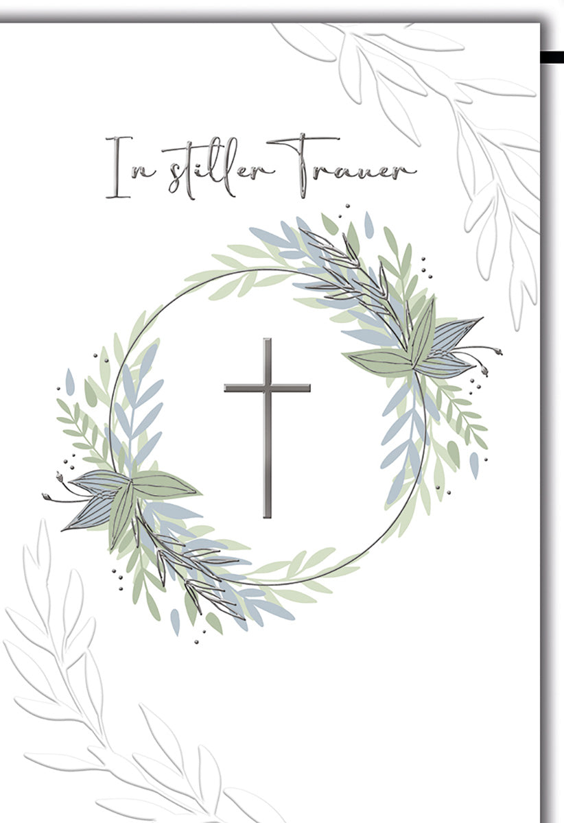 Trauerkarte mit Kreuzmotiv – Eleganter Blätterkranz in sanften Pastelltönen für stilvolle Anteilnahme