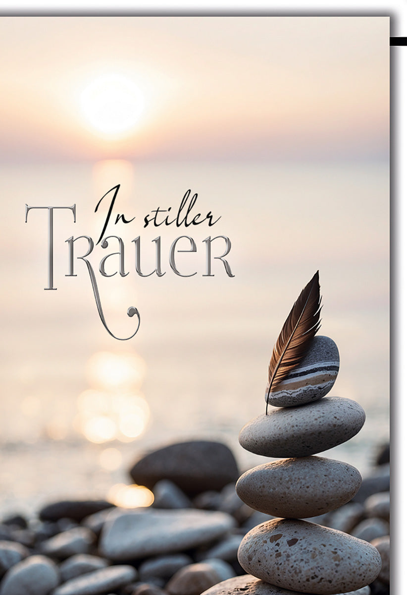 Trauerkarte mit Naturmotiv: Sonnenuntergang am Meer, Steinturm und Feder – Stilvolle Anteilnahme