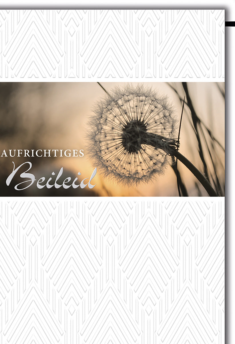 Trauerkarte mit Pusteblume-Motiv, zartes Design in Weiß und Beige, für stilvolle Beileidsbekundungen