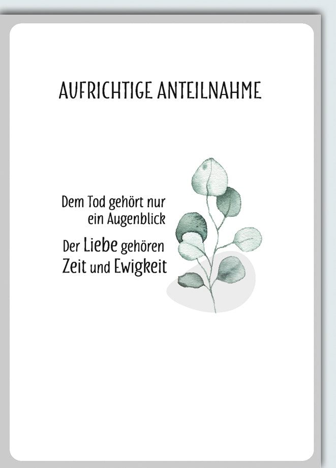 Trauerkarte mit Spruch: Aquarell-Eukalyptuszweig in sanften Grüntönen, elegant