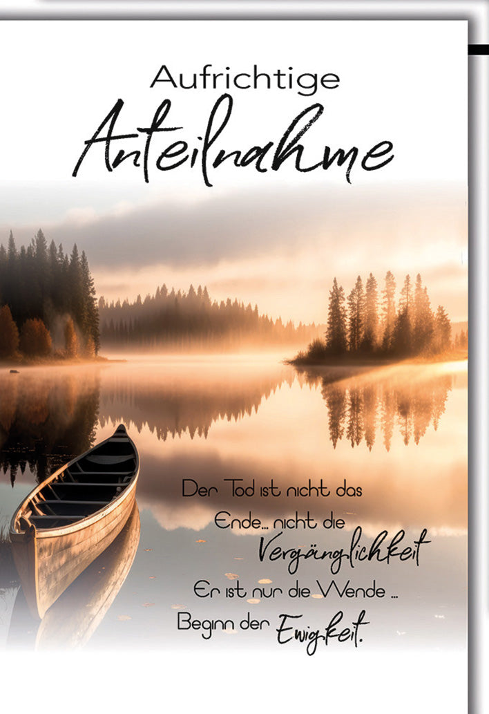 Trauerkarte mit Spruch: Kanu am Bergsee im Morgennebel, emotionale Anteilnahme