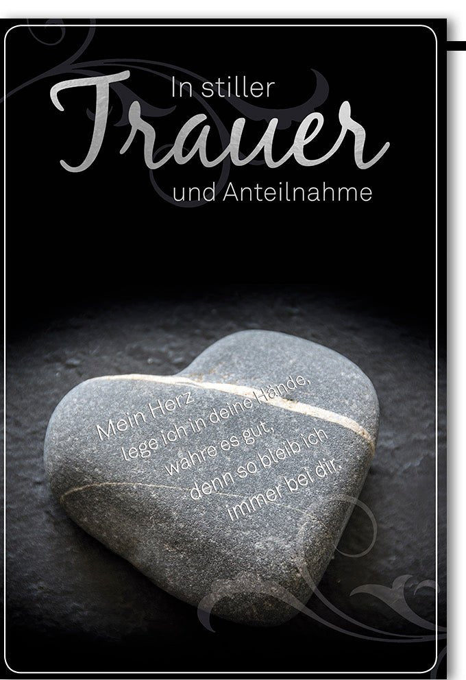 Trauerkarte: Steinherz-Motiv – Stilvolle Anteilnahme in Schwarz-Weiß mit Folienprägung & Kuvert, Herzensworte zur Pietät