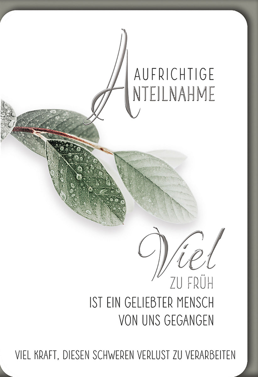 Trauerkarte mit stilvollem Blattmotiv – Elegante Kondolenzkarte in Grau und Grün für einfühlsame Beileidsbekundungen