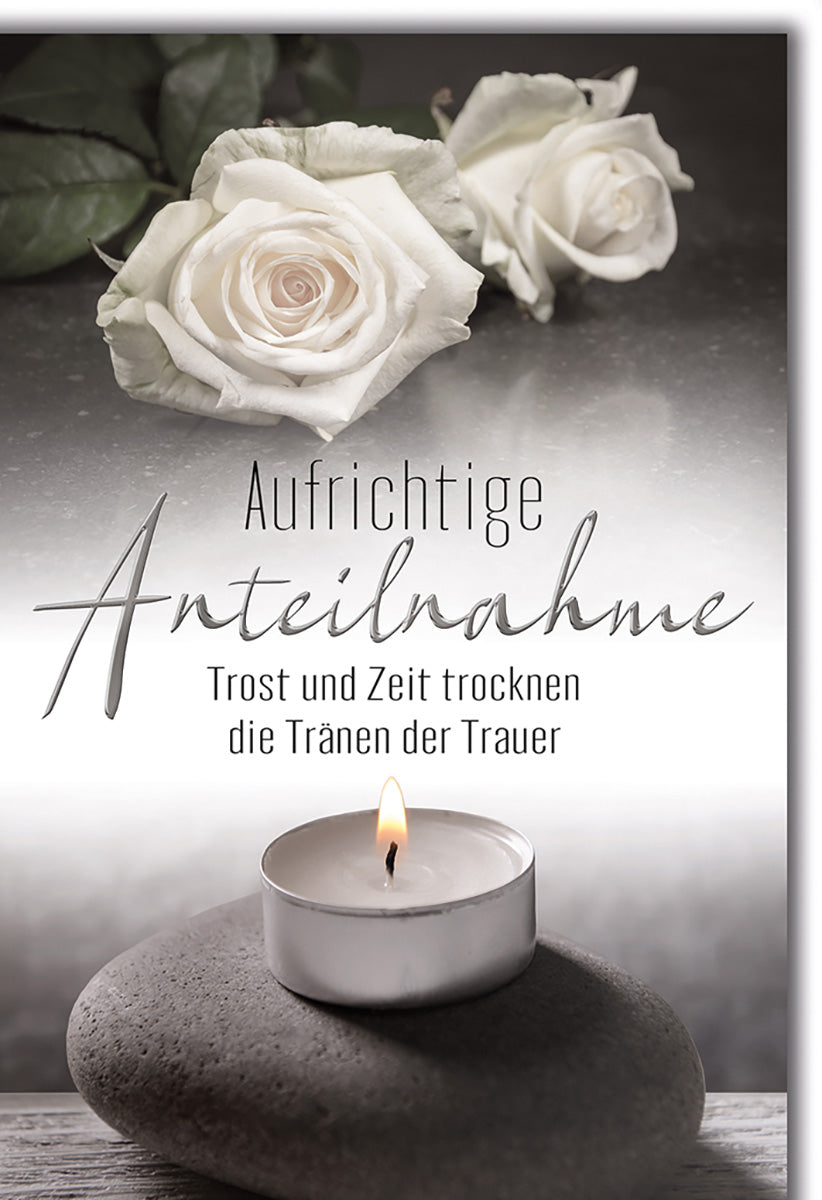 Trauerkarte mit weißen Rosen und Kerze – Stilvolle Anteilnahme, Trost in schweren Zeiten