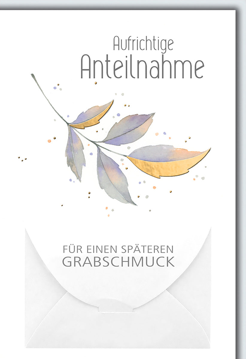 Trauerkarte mit zarten Blättern, pastellfarben, elegantes Design für stilvolle Anteilnahme