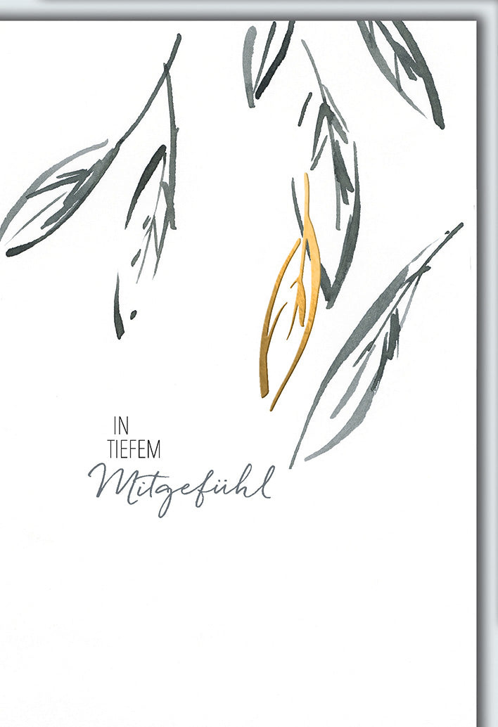 Trauerkarte Mitgefühl: Aquarell-Blätter in Grau und Gold, elegante Kalligrafie