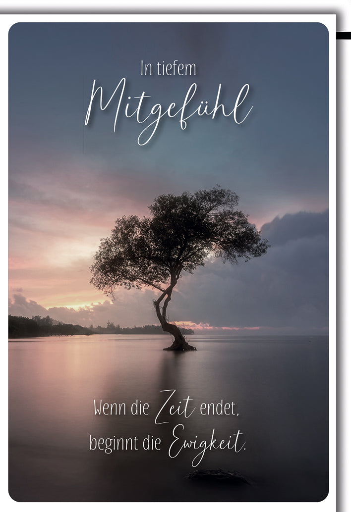 Trauerkarte Mitgefühl: Einzelner Baum im stillen Wasser bei Sonnenuntergang
