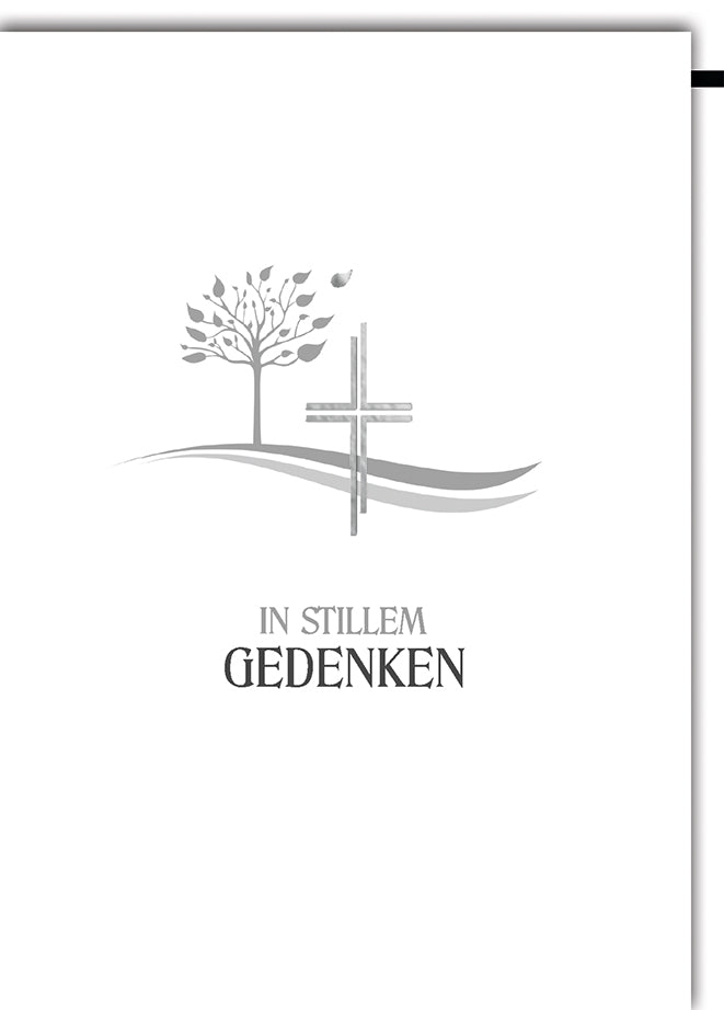 Trauerkarte Modern: Baum und Kreuz in Grautönen mit "In stillem Gedenken"