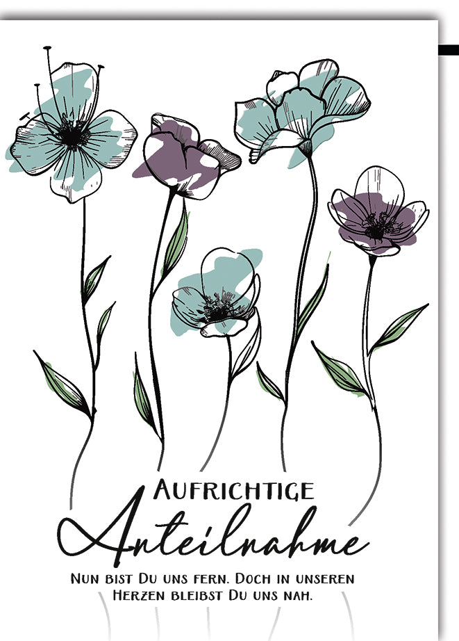 Trauerkarte Modern: Stilisierte Mohnblumen in Aquarell-Grün und Lila mit Spruch