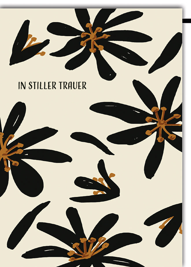 Trauerkarte Modern: Stilisierte schwarze Blüten in minimalistischem Design