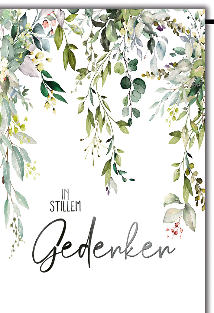 Trauerkarte Stilles Gedenken: Zarte Aquarell-Blätter in Grüntönen, elegante Typografie