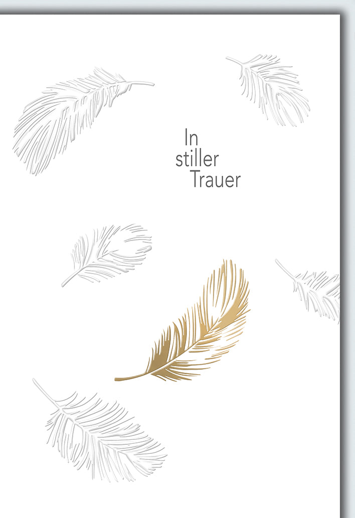 Trauerkarte Stilvoll: Elegante Federn-Illustration mit goldenen Akzenten, minimalistisch