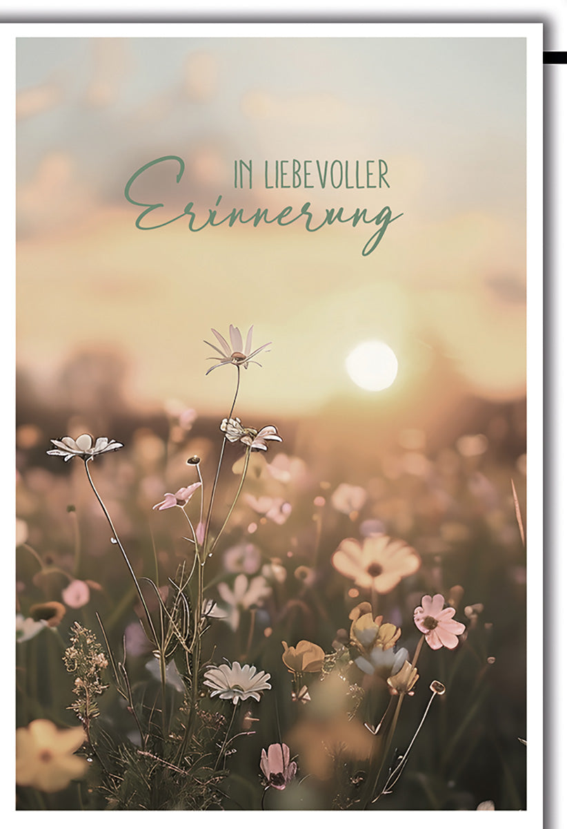 Trauerkarte - Zarte Blumenwiese im Sonnenuntergang, Pastelltöne, für einfühlsame Kondolenzbotschaften