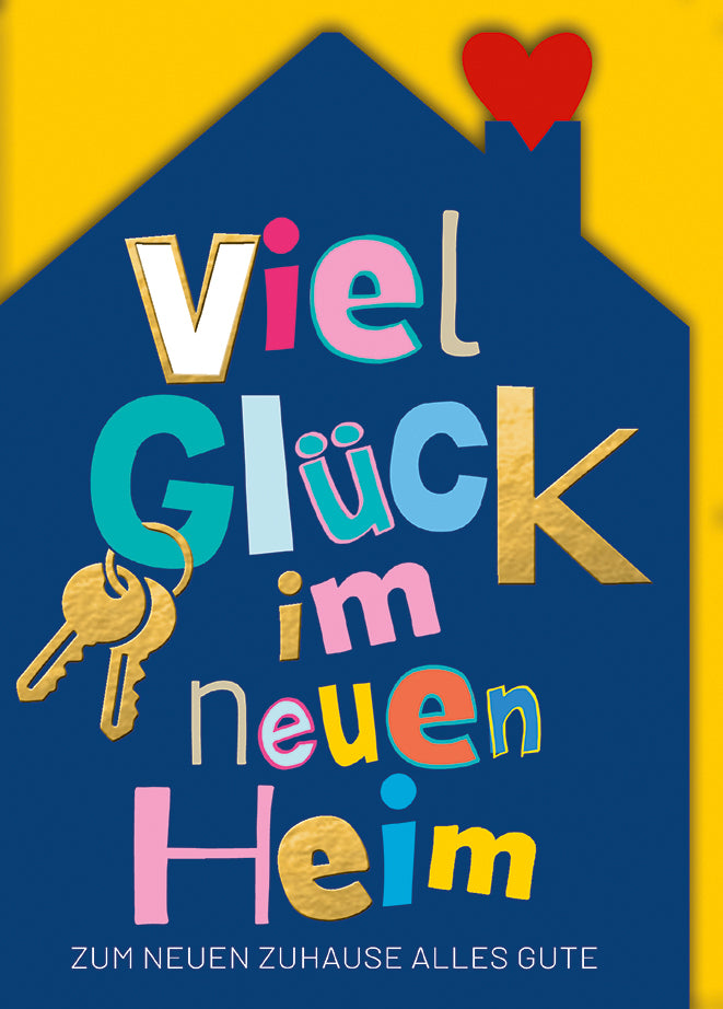 Umzugskarte Einzug: Haus-Silhouette mit bunter Typografie und Herz-Symbol, modern