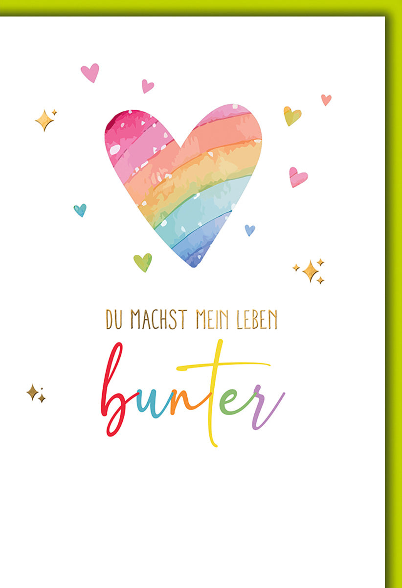Valentinstagskarte: Buntes Aquarell-Herz mit Regenbogenfarben und funkelnden Sternen für die Liebe deines Lebens