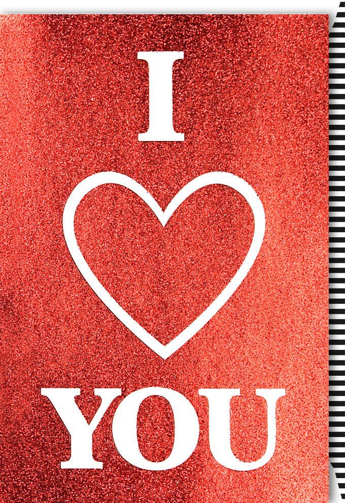 I love you Valentinstagskarte – Romantische Botschaft mit Glitzerherz, Rot & Weiß. Emotionaler Gruß für Partner, mit Kuvert & Glitzerlack.