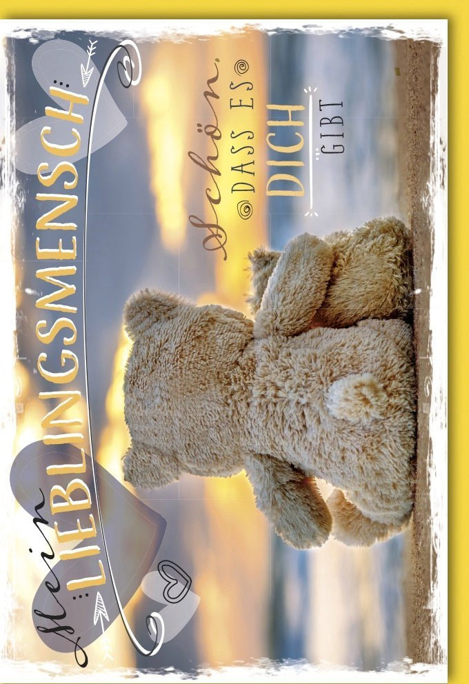 Valentinstagskarte für Lieblingsmensch – Teddybär & Sonnenuntergang Design. Zauberhafte Karte mit Herzenswunsch & Kuvert.