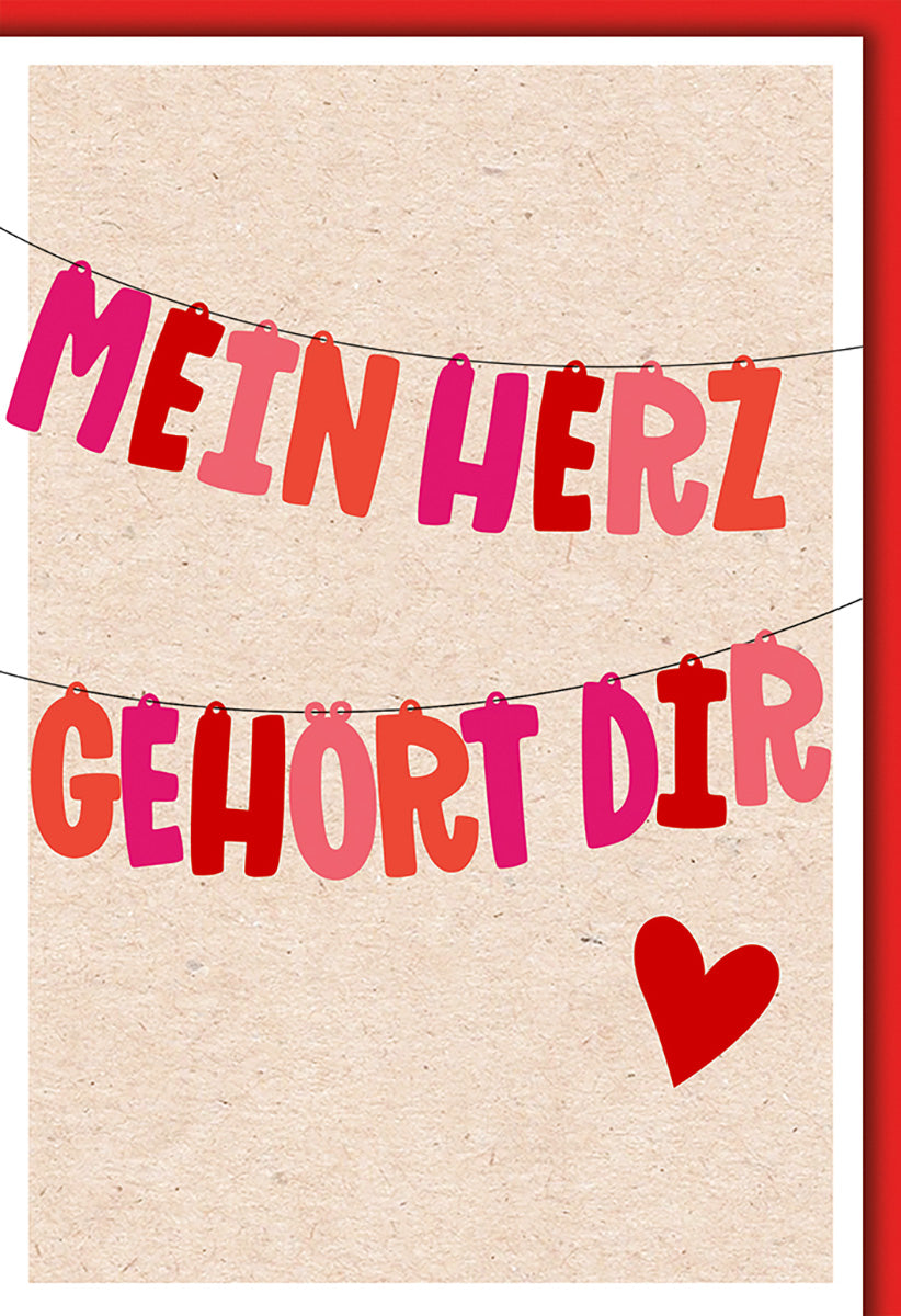 Valentinstagskarte: Verspieltes Herz-Banner in Rot und Rosa auf Naturpapier für Verliebte