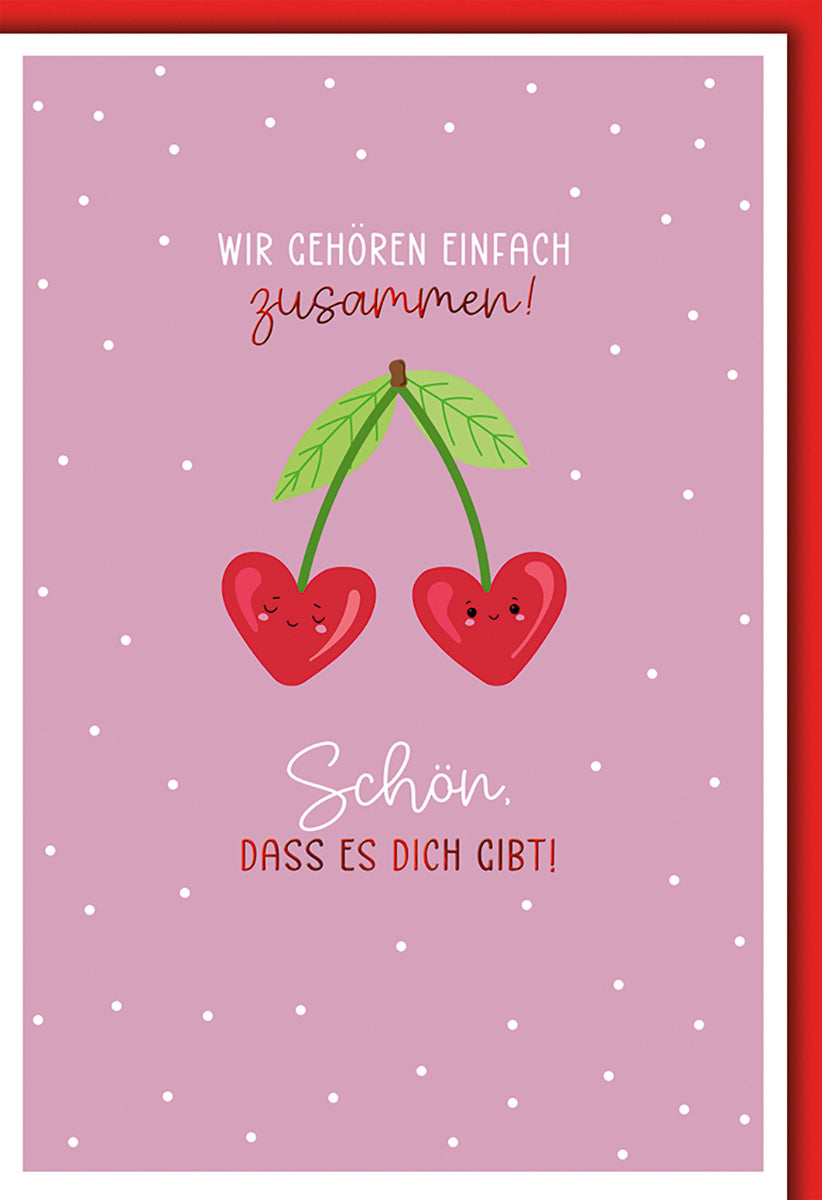 Valentinstagskarte: Verspieltes Kirsch-Herz-Motiv auf rosa Hintergrund mit liebevollem Spruch für Partner