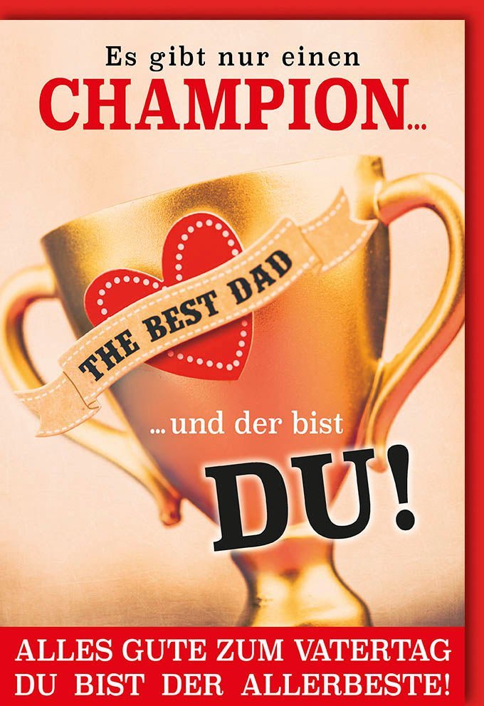Vatertagskarte Pokal-Design für Champion Papa – Liebevolle Glückwünsche zum Ehrentag mit farblich passendem Kuvert
