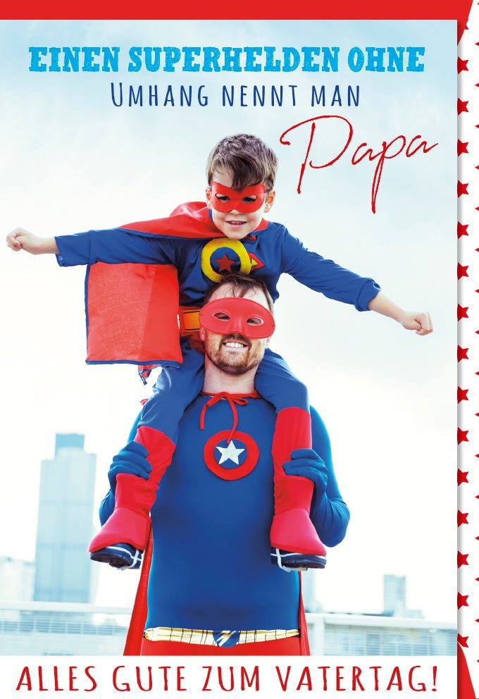 Vatertagskarte – Superhelden-Design für Papa mit liebevollen Grüßen & passendem Kuvert. Überraschung für die ganze Familie.