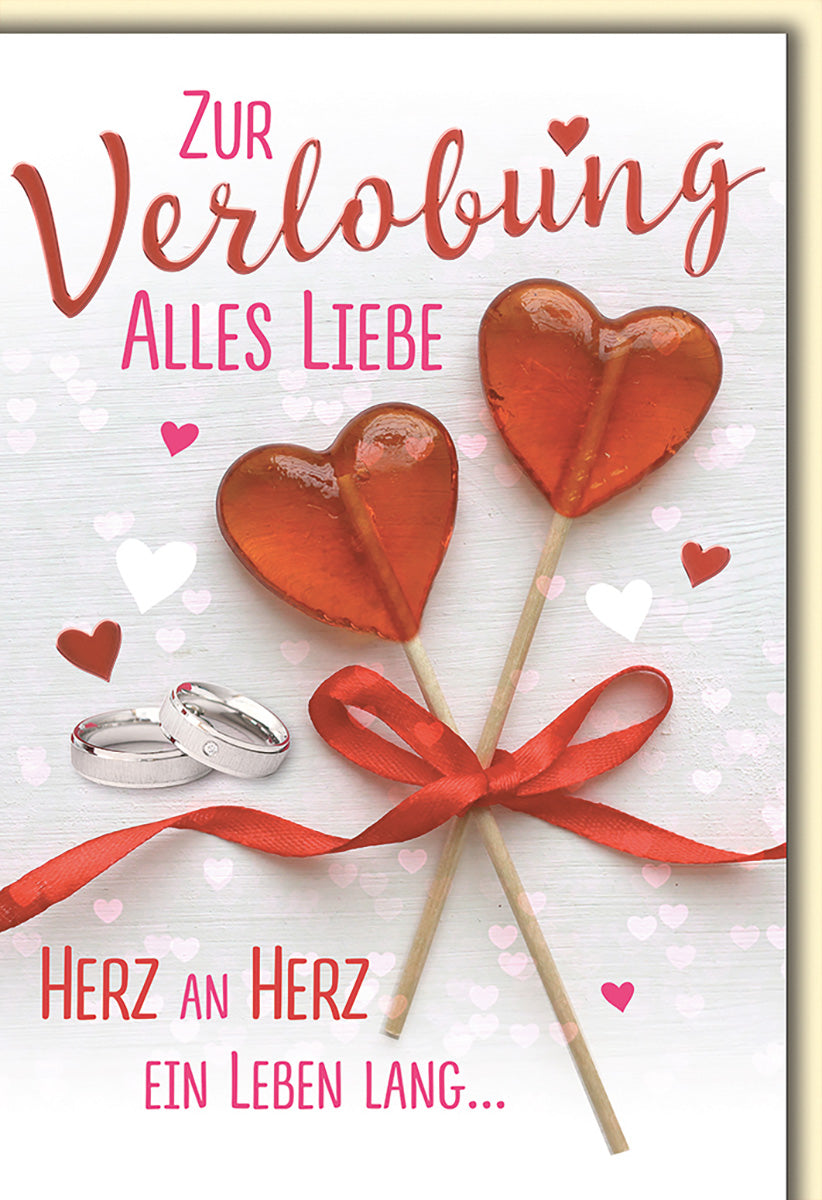 Verlobungskarte Herz Lollis & Ringe – Romantisches Design mit Rot & Weiß für Verliebte