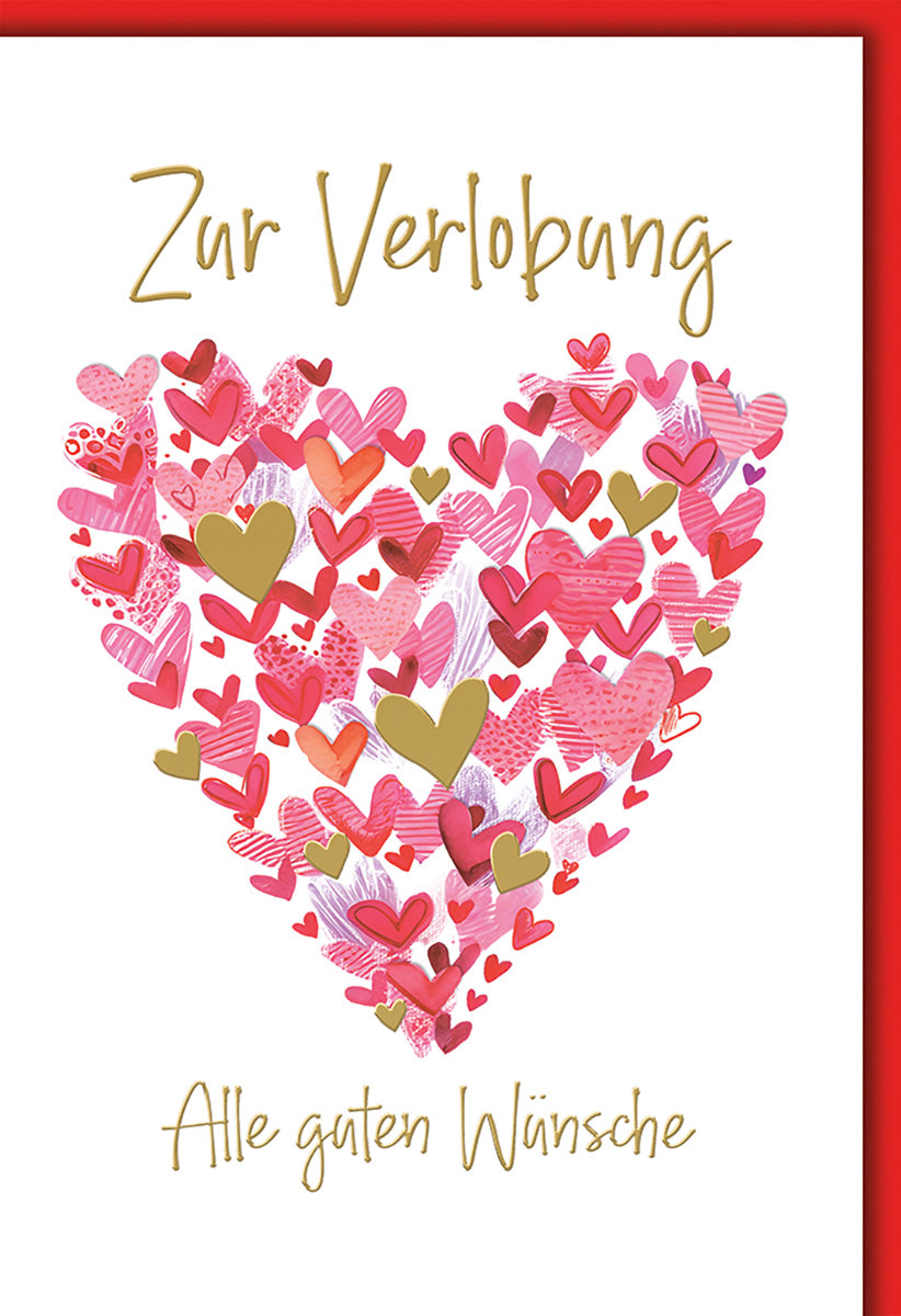 Verlobungskarte Herzdesign – Bunte Herzen in Rot und Gold, Liebevolle Wünsche zur Verlobung
