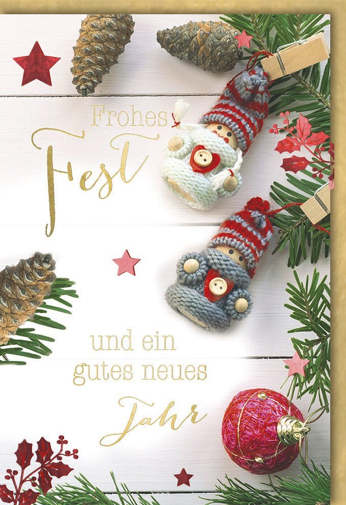 Weihnachtsgrußkarte Frohes Fest & Neujahr – Goldene Schrift, Tannenzweige & Zapfen Design mit Folienprägung & Kuvert