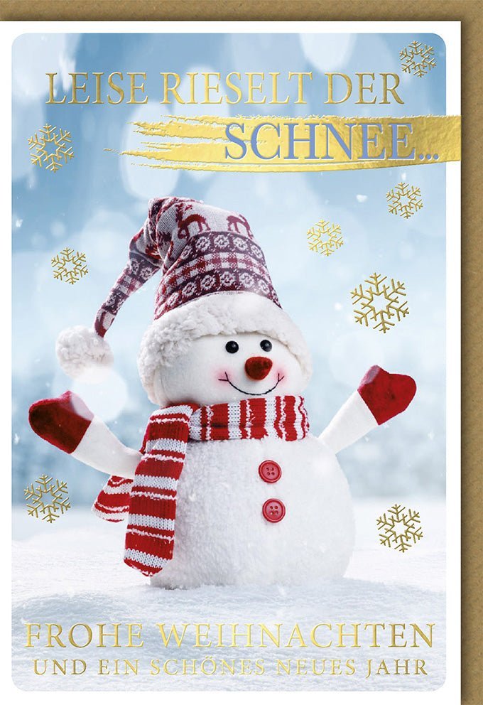 Weihnachtsgrußkarte: Schneemann Motiv & Winterlandschaft | Festliche Grüße mit Folienprägung & Kuvert – "Leise rieselt der Schnee"
