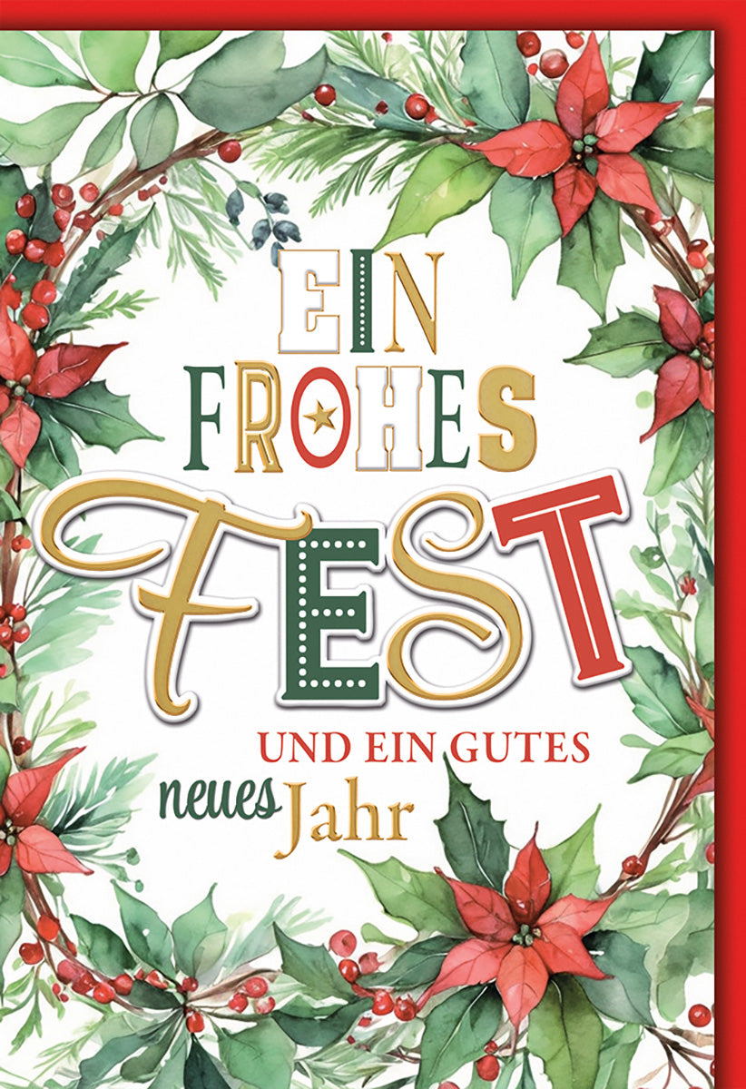 Weihnachtskarte Aquarellstil: Festliche Poinsettien und Stechpalmen in Rot-Grün für besinnliche Grüße