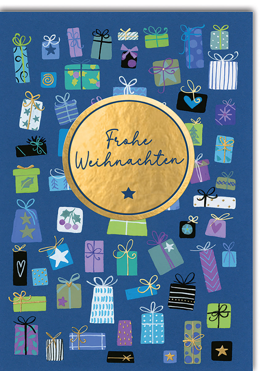 Weihnachtskarte – Bunte Geschenke auf Blau mit Goldakzent, Frohe Weihnachten für Geschenkfreunde