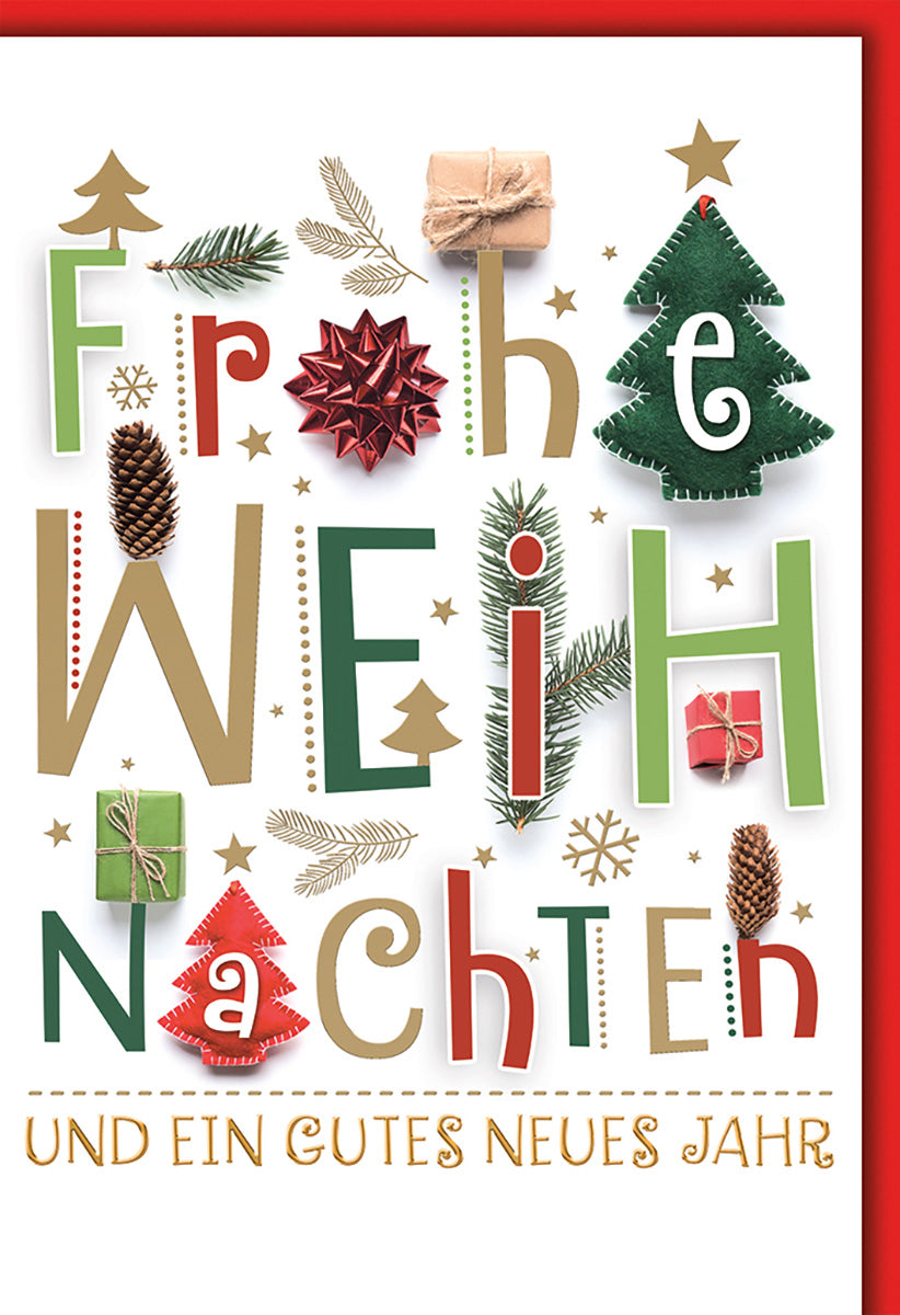 Weihnachtskarte – Bunte Schrift mit Tannenzapfen und Geschenken, festlich für Familie und Freunde