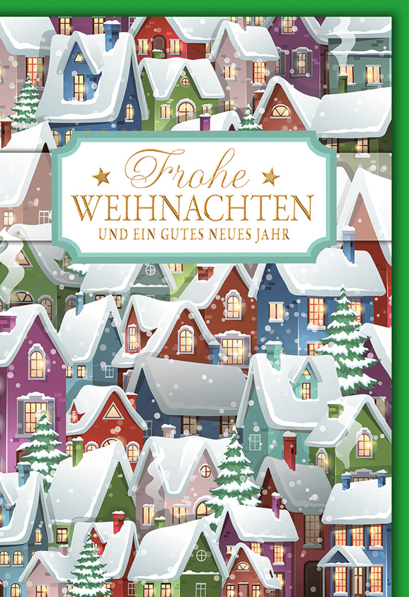 Weihnachtskarte: Bunte Winterdorf-Szene mit Schneefall und festlichem Gruß für besinnliche Feiertage