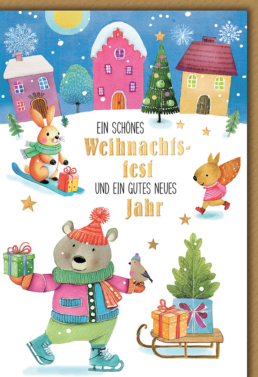 Weihnachtskarte: Bunte Winterlandschaft mit Tieren und Geschenken – Fröhliche Grüße für Kinder