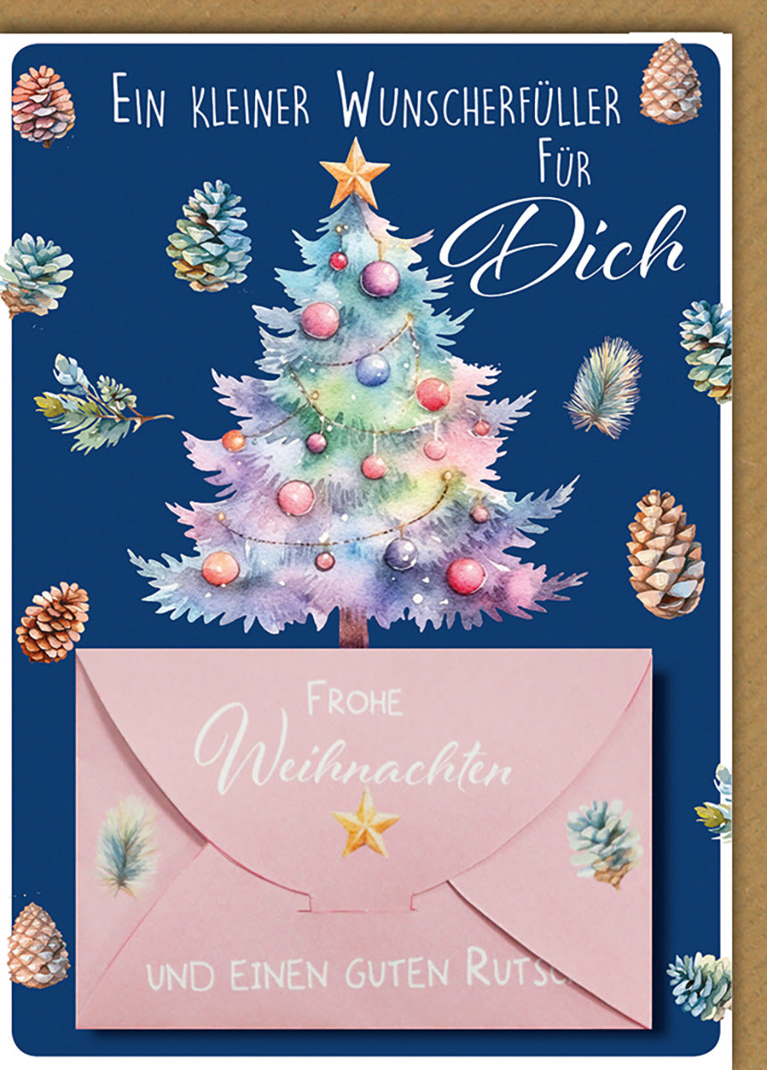 Weihnachtskarte: Bunter Aquarell-Tannenbaum mit Pastellkugeln und Kieferzapfen auf dunkelblauem Hintergrund