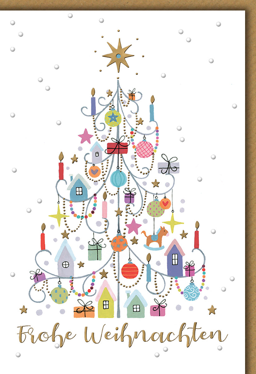 Weihnachtskarte: Bunter Weihnachtsbaum mit Geschenken und Häusern – Festliche Grüße für die ganze Familie