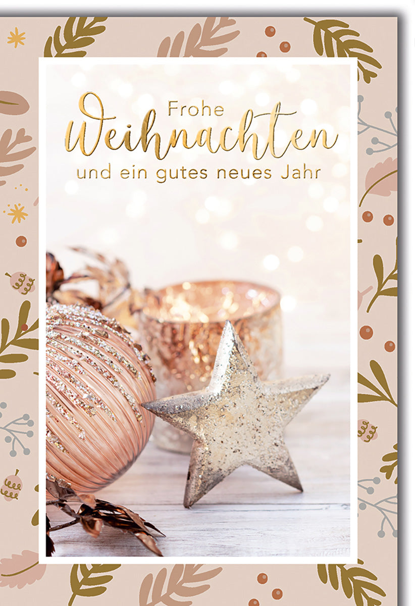 Weihnachtskarte: Elegante Festtagsgrüße mit Glitzerstern und Kupferakzenten für stilvolle Feiertage