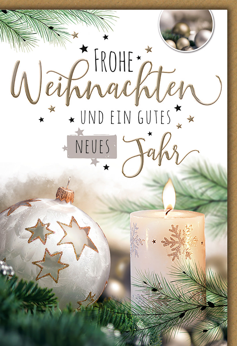 Weihnachtskarte: Elegante Festtagsgrüße mit Kerze & Sternen in Gold und Weiß für stilvolle Weihnachten