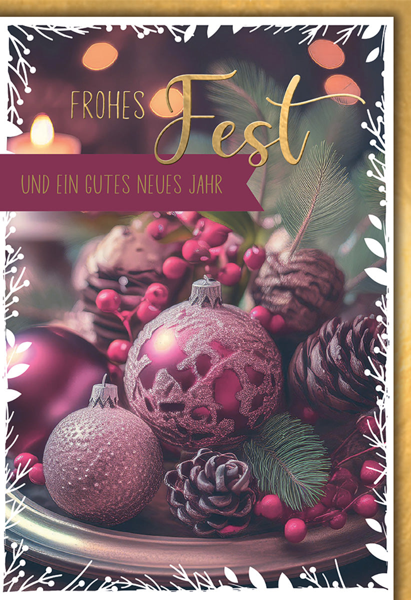 Weihnachtskarte: Elegante Festtagskugeln in Rot und Gold mit Tannenzapfen – Frohes Fest Design