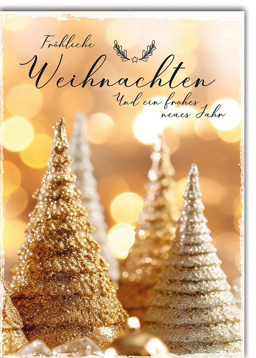 Weihnachtskarte: Elegante Glitzer-Tannen in Gold und Silber auf festlichem Hintergrund für stilvolle Grüße