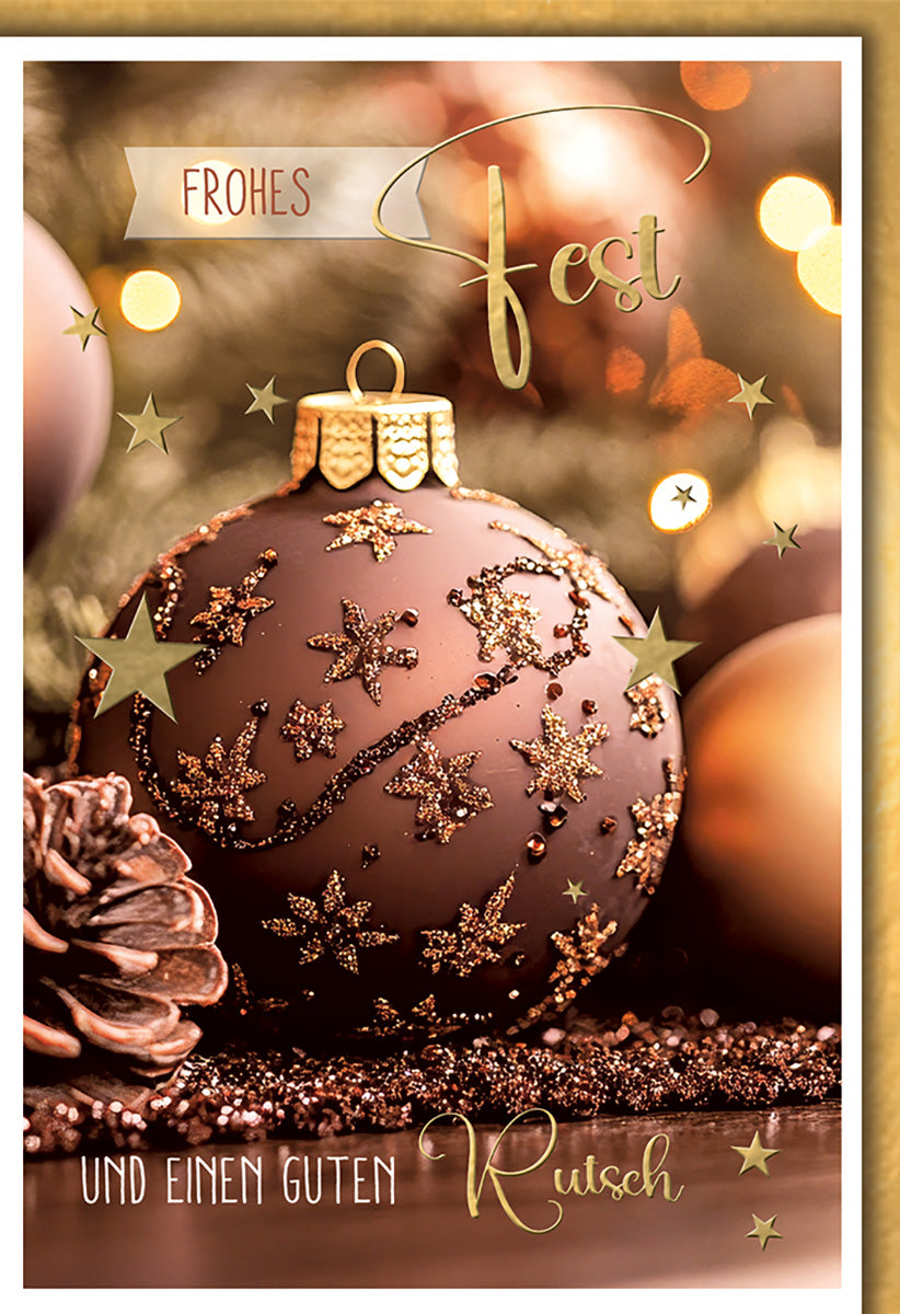 Weihnachtskarte: Elegante Glitzerkugel in Gold und Braun – Festliche Grüße für stilvolle Weihnachten