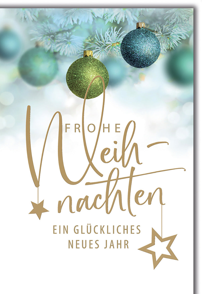 Weihnachtskarte: Elegante Glitzerkugeln in Blau und Grün auf Tannenzweigen – Festliche Grüße für die Feiertage