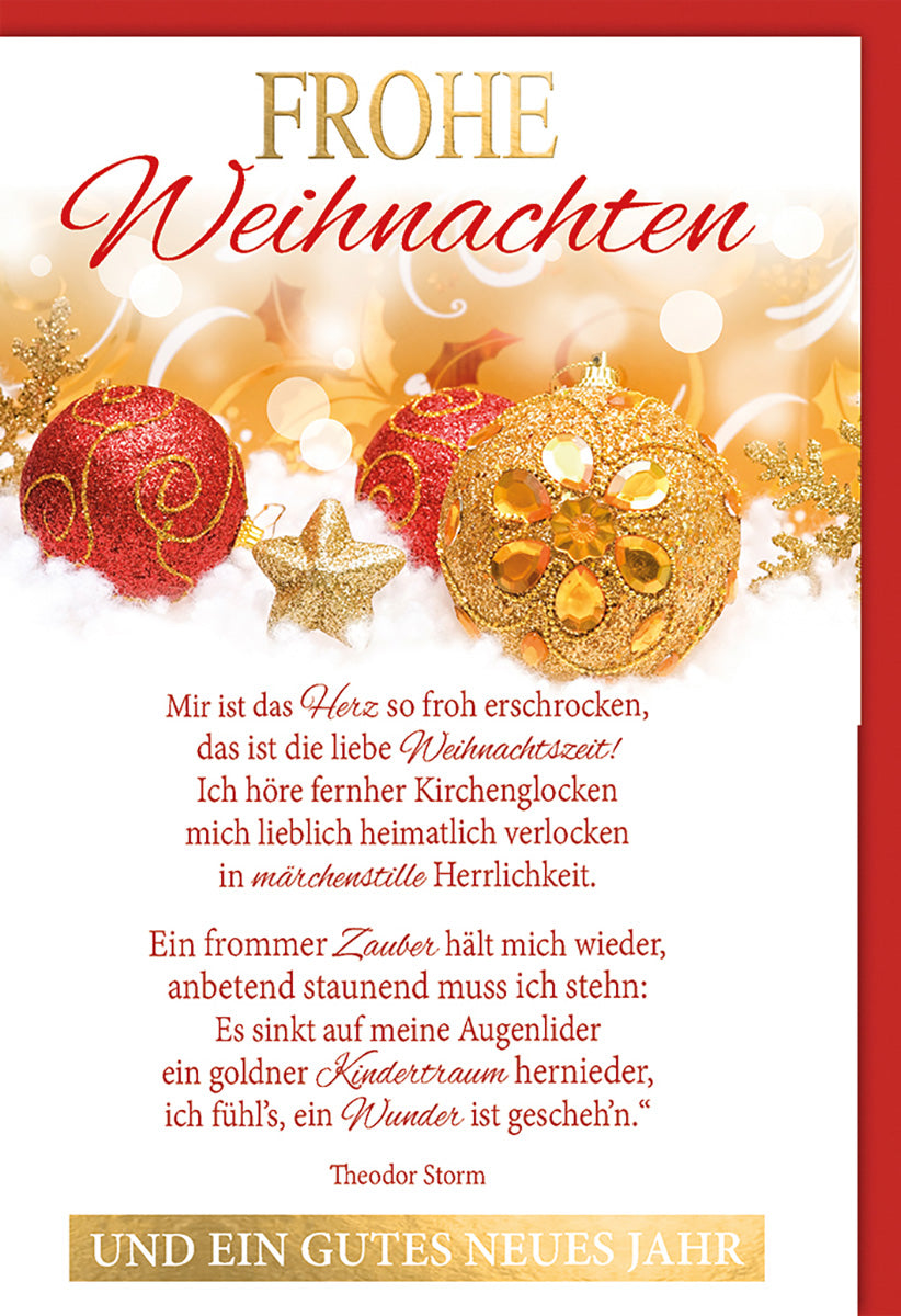 Weihnachtskarte: Elegante Gold- und Rottöne mit Glitzerkugeln – Festliche Grüße für Weihnachten