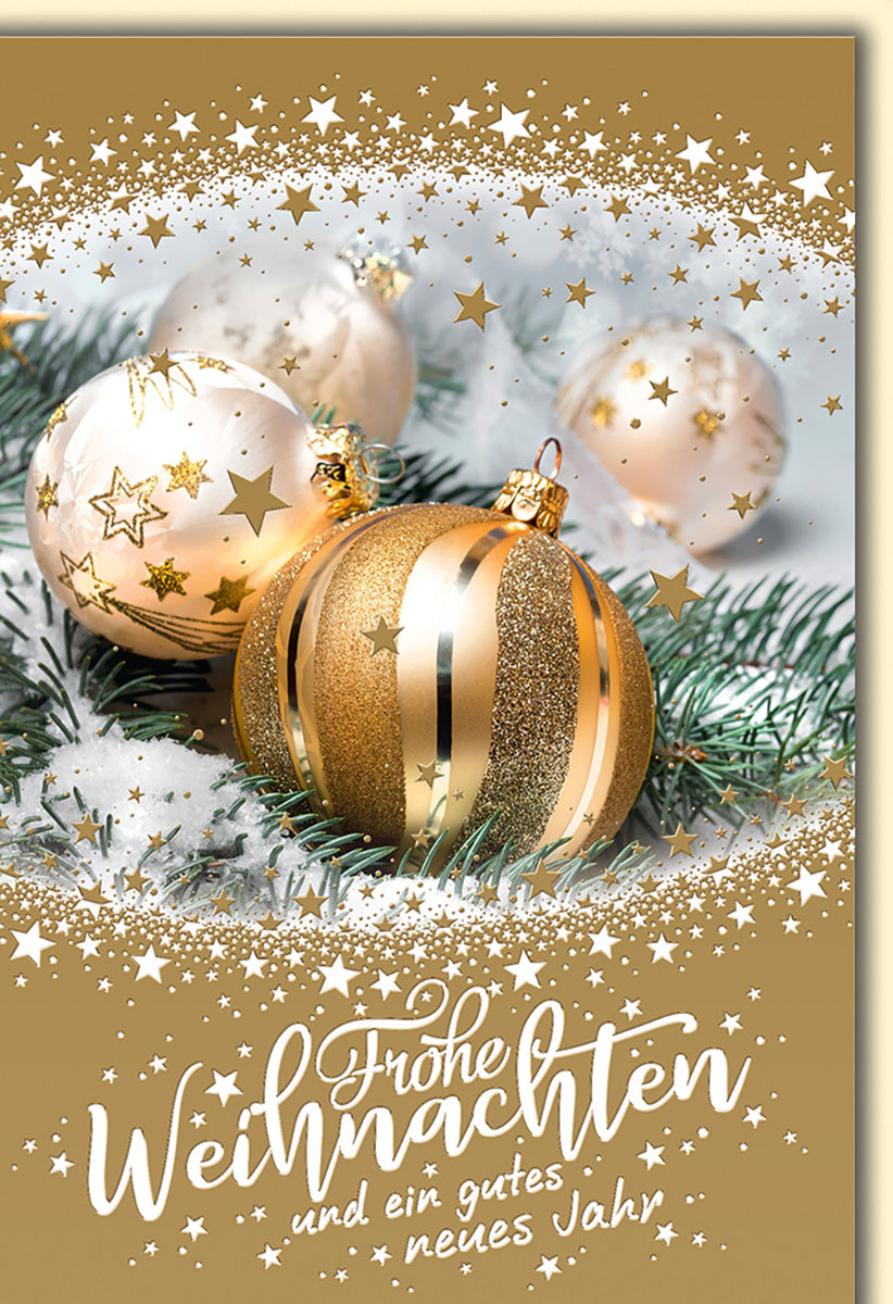 Weihnachtskarte: Elegante Goldene Kugeln auf Tannenzweigen – Festliche Grüße für ein Glanzvolles Fest