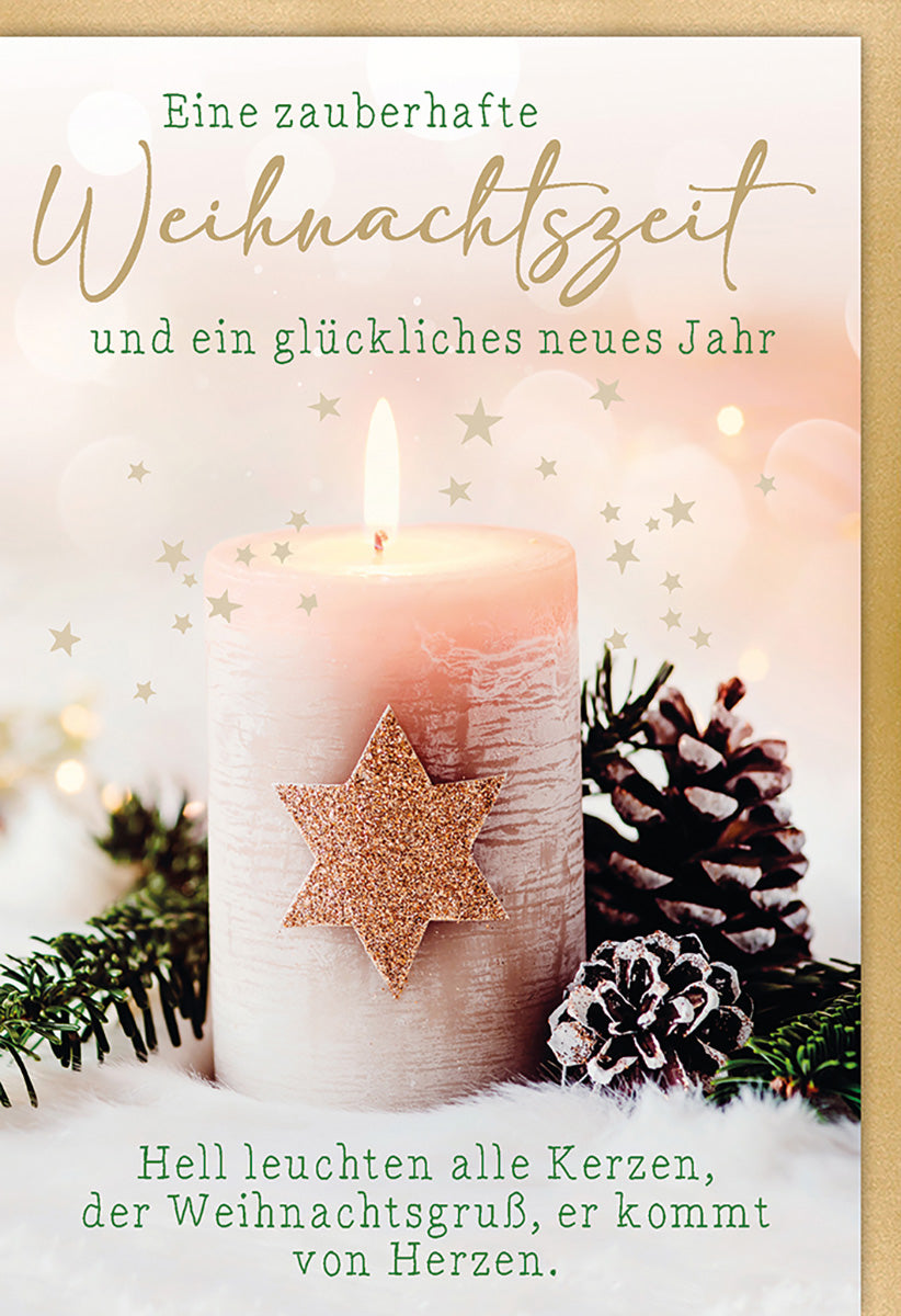 Weihnachtskarte: Elegante Kerzen-Romantik mit Tannenzapfen und Sternen für festliche Grüße