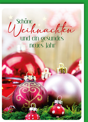 Weihnachtskarte – Elegante Kugeln in Rot und Gold, Festliche Grüße für ein Frohes Neues Jahr