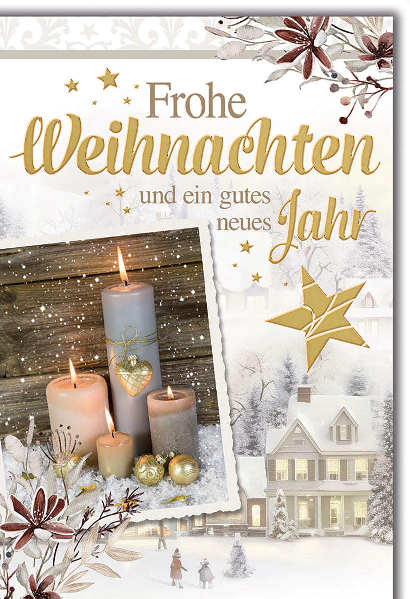 Weihnachtskarte: Elegante Winterlandschaft mit Kerzen und Goldakzenten für festliche Grüße