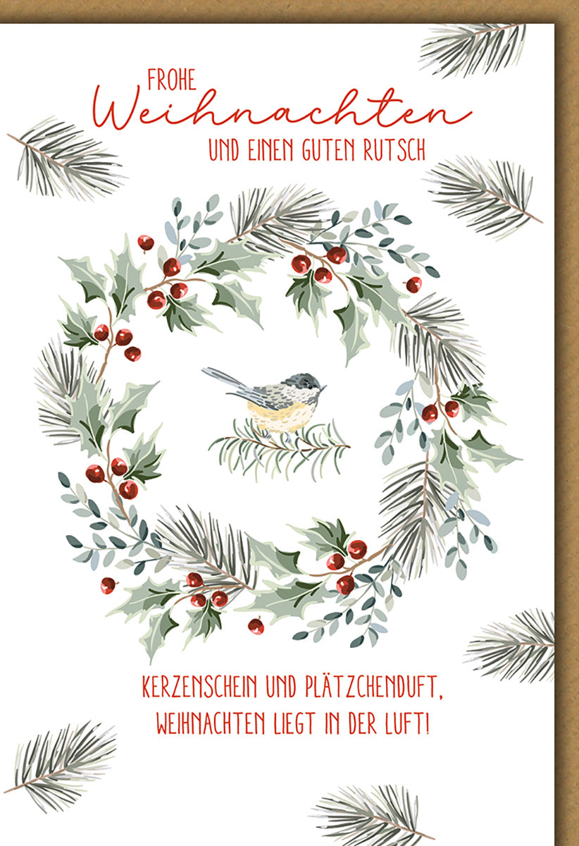 Weihnachtskarte: Eleganter Kranz mit Vogelmotiv, Tannenzweigen & Beeren – Festliche Grüße für Naturliebhaber