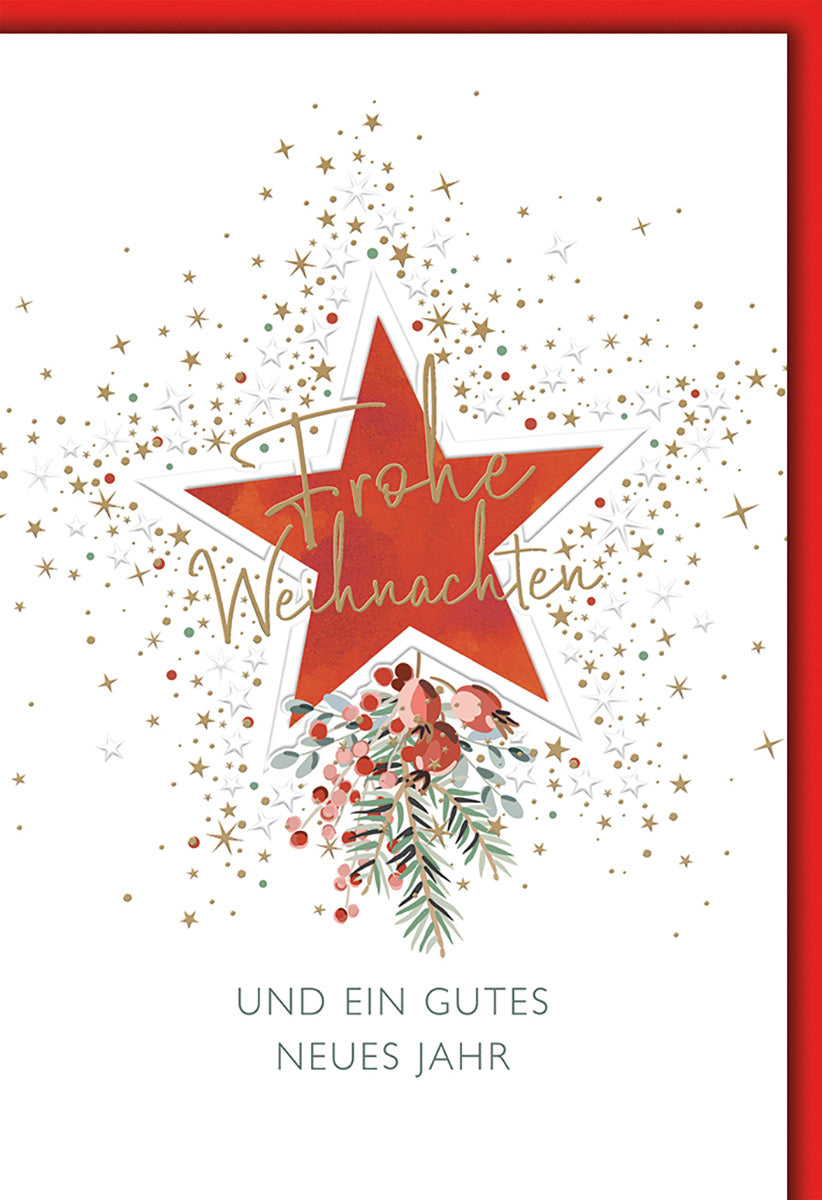 Weihnachtskarte: Eleganter Roter Stern mit Goldakzenten und Festlichem Blumenmotiv für Besinnliche Grüße