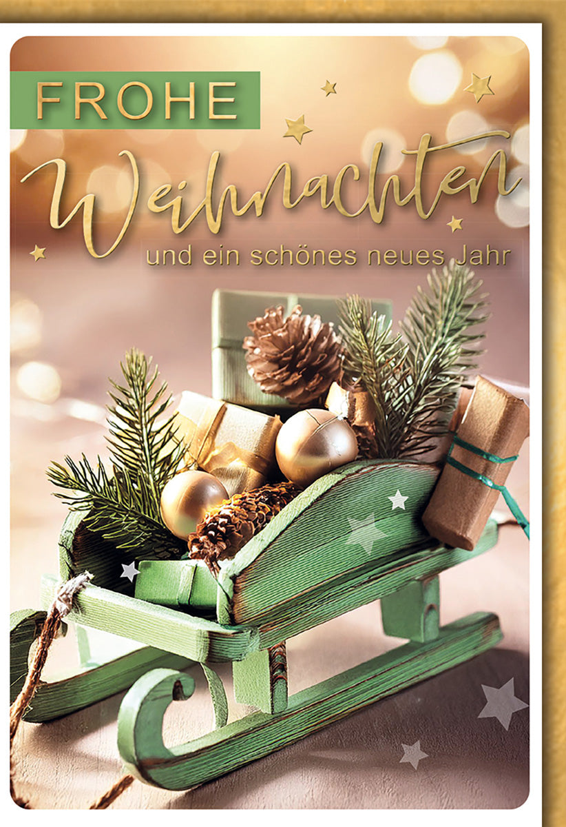 Weihnachtskarte: Eleganter Schlitten mit Geschenken und Tannenzweigen in festlichem Gold-Grün Design
